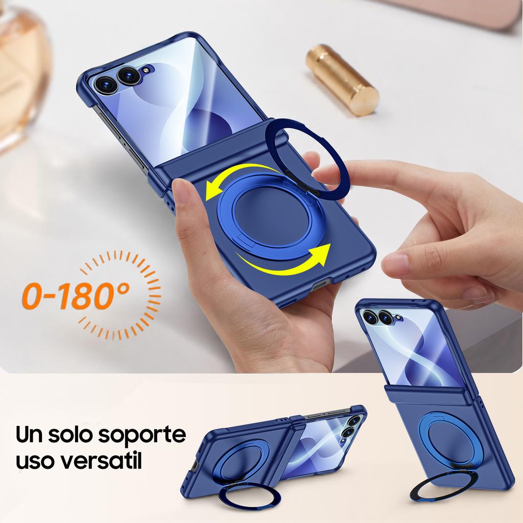 Magnetic Protective Case with Rotating Ring Kickstand and Hinge Cover for Samsung Galaxy Z Flip 8-Blue