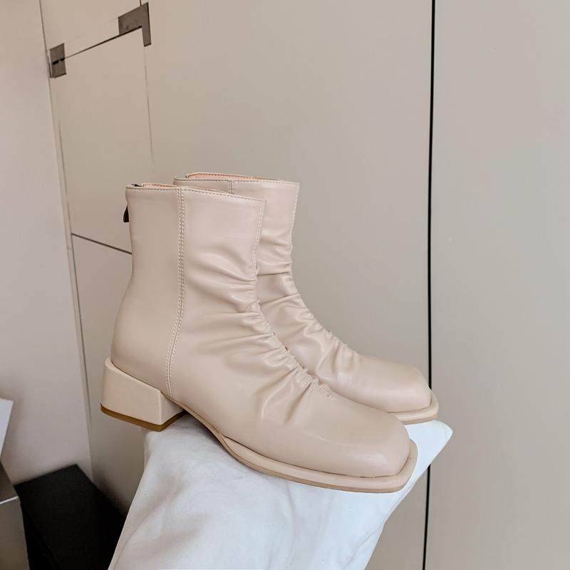 French Style Concise Pleated Ankle Boots Women Square Toe 4cm Block Middle Heels Back Zipper Casual Short Booties Female Shoes