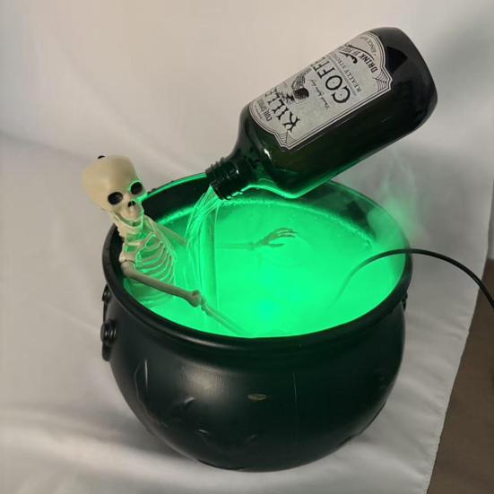 Skeleton Potion Witch Cauldron DIY Magic Floating Potion Bottle with LED Mist Maker And Diffuser Spooky Black Bowl Halloween Decoration for