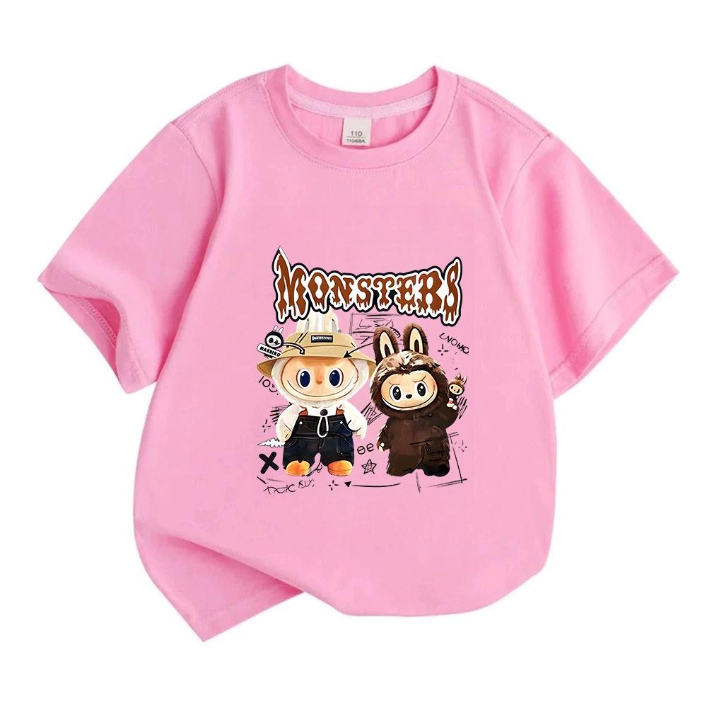 Kids Boys Girls 100% Cotton Crew Neck Short Sleeve T-Shirt, Funny Cute Cartoon Monsters Print Casual Soft Breathable Tee for Daily Wear Summer Tops