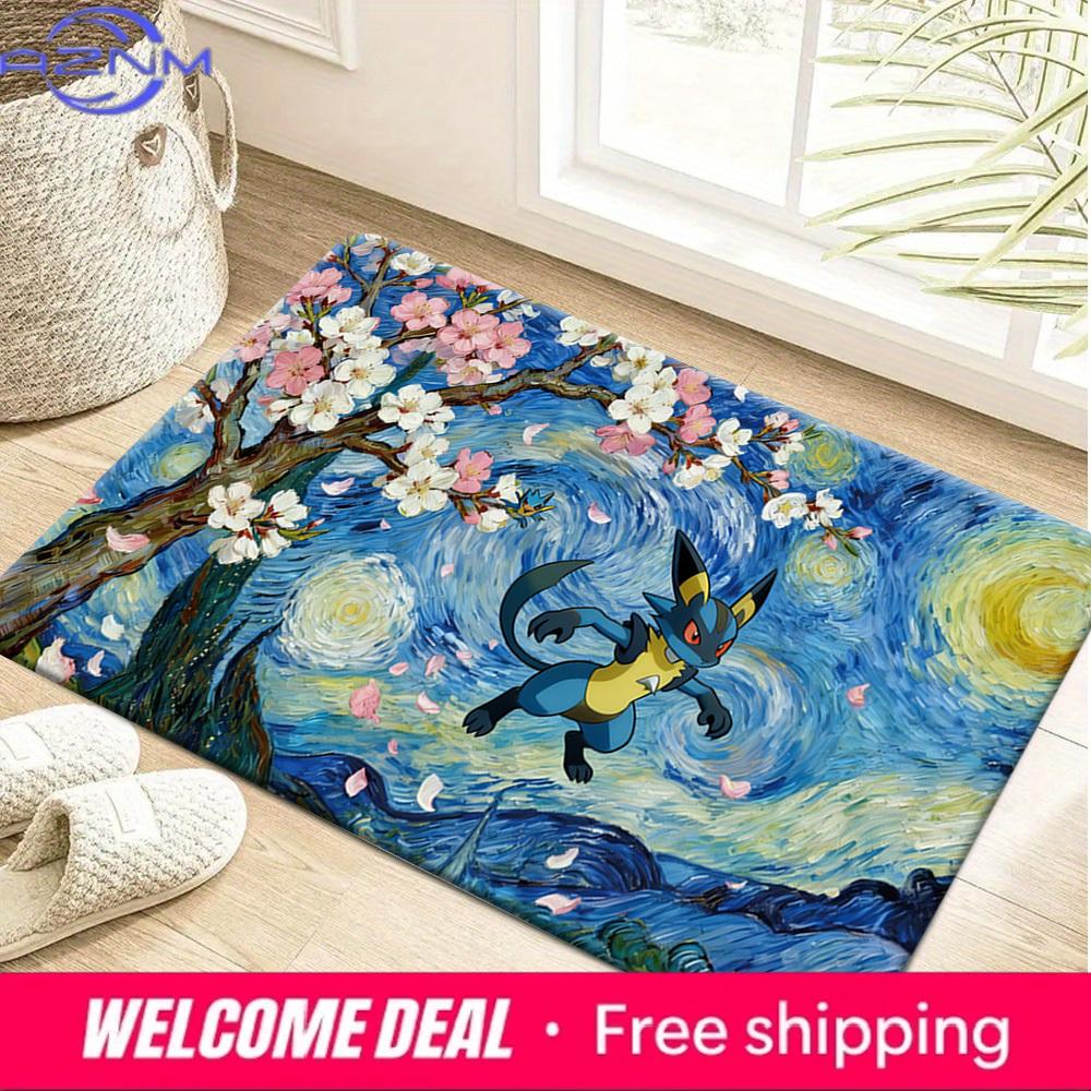 Pokemon Lucario Starry Night Cherry Blossom Print Non-slip Doormat, Soft Absorbent Floor Rug for Home Decor