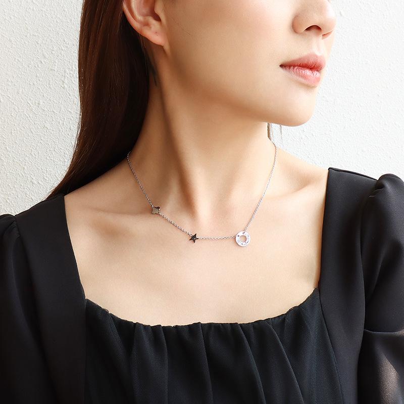 Minimalist Titanium Steel Necklace with Hollow Circle, Flower, and Star Pendants for Women - Clavicle Chain Style (P958)