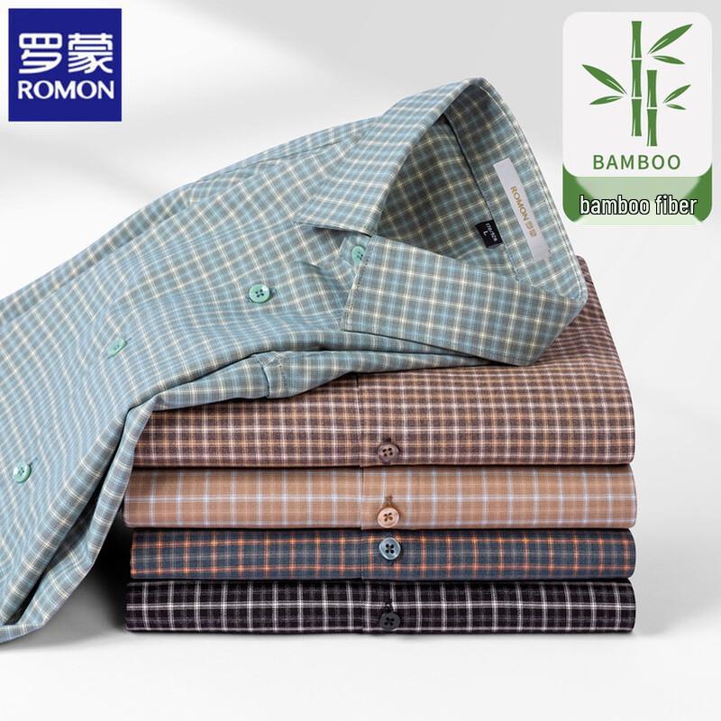 ROMON Men's Bamboo Fiber Plaid Long Sleeve Business Casual Shirt