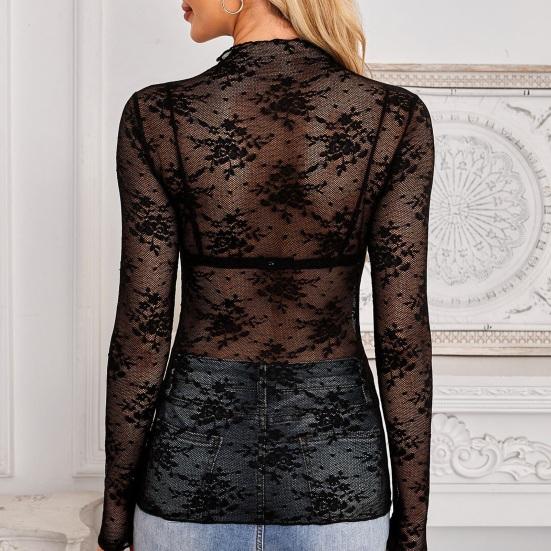 Женские прозрачные сетчатые кружевные топы Сексуальная рубашка с цветочной вышивкой и длинным рукавом Базовые топы Универсальные просвечивающие