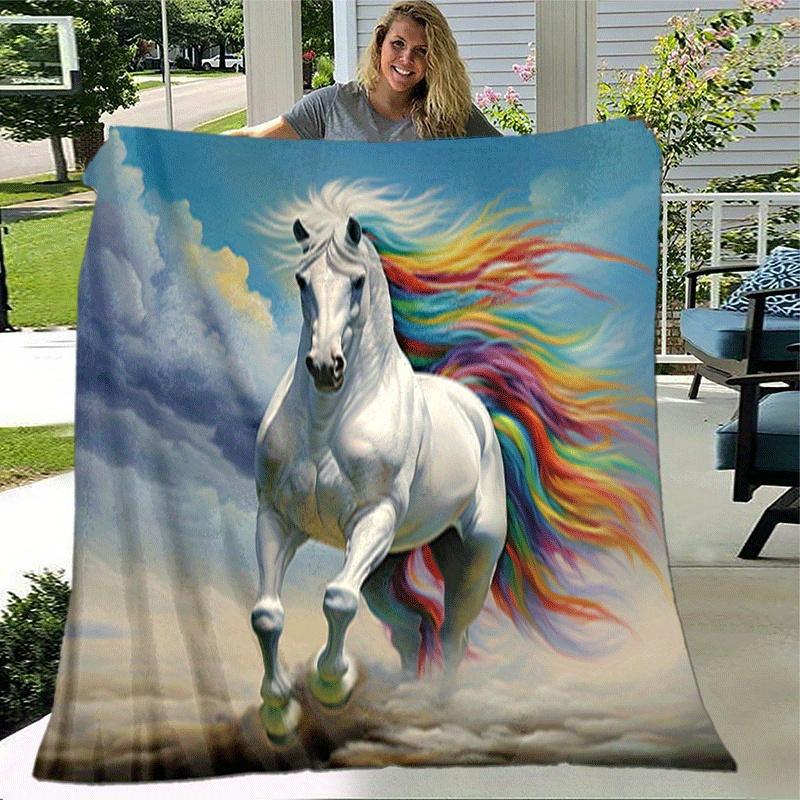 1pc White Horse Printing Lightweight Flannel Blanket, Comfortable and Warm Blanket, for Camping Sofa Bed and Couch Office, Gift