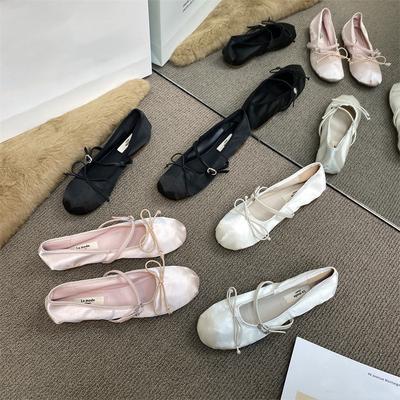 Балетки Женская обувь Сатиновые Летние Туфли Круглый Носок Балетки Бант Пряжка Розовые Элегантные Женские Балетки