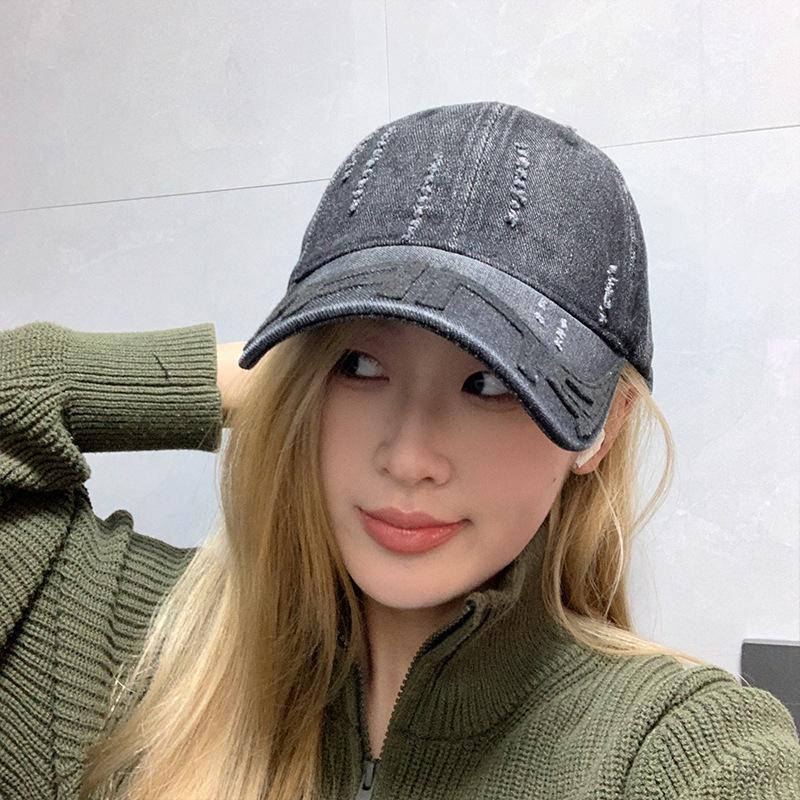 Washed denim hat for men, Korean style vintage sunshade baseball cap, fashionable and versatile, embroidered soft-top distressed duckbill cap for