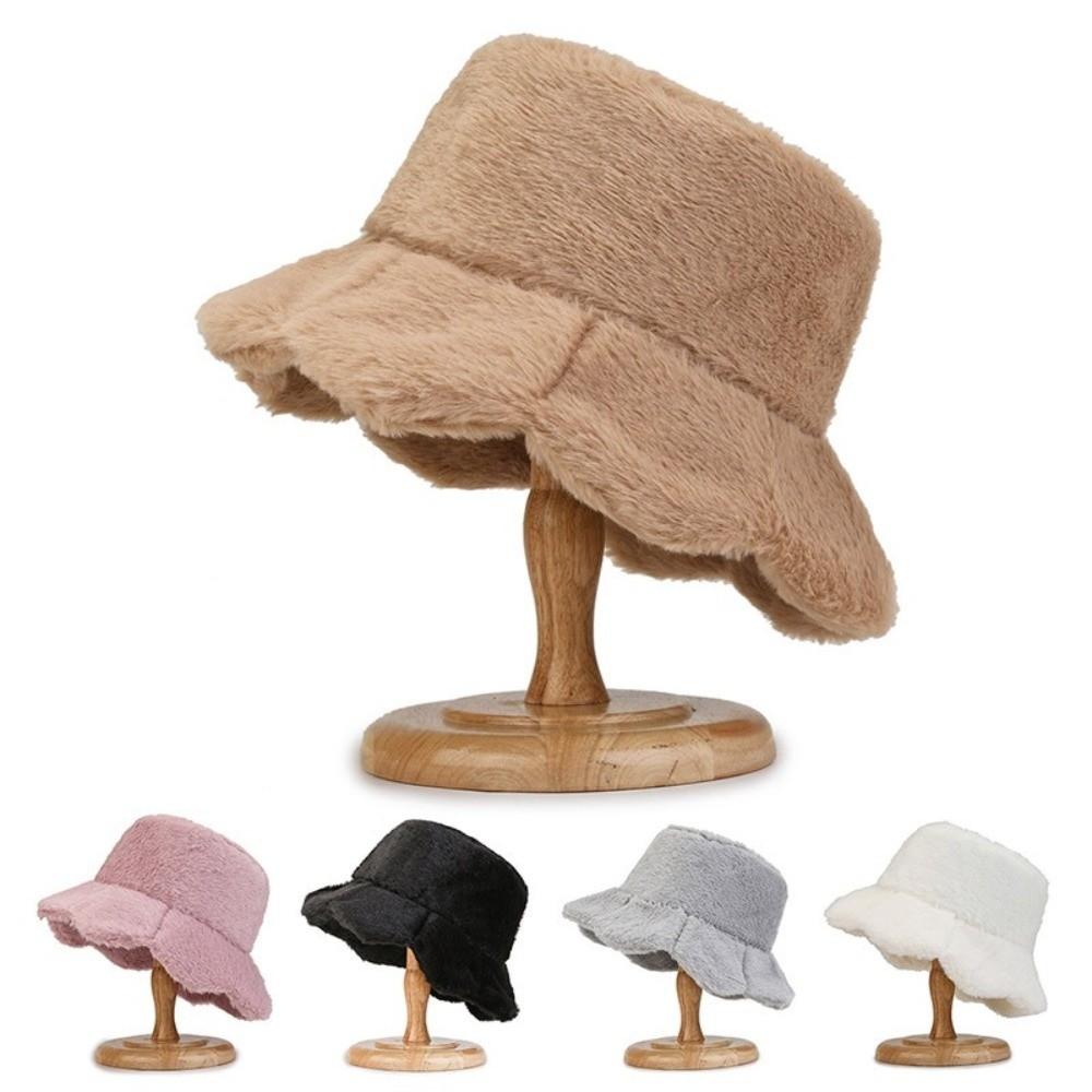Solid Color Plush Fisherman Hat Cold -proof Winter Panama Hat Fashion Faux Fur Bucket Hat Men
