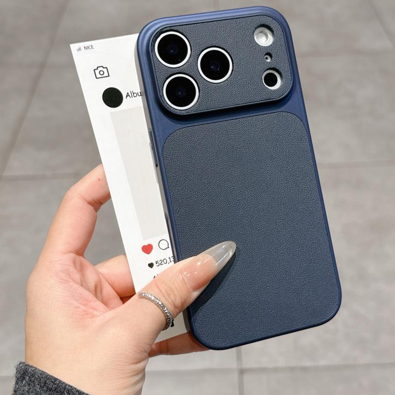 Leather Texture Hard Large Window Case for iPhone 17 Air 16 15 14 13 Pro Max Plus 17Promax Shockproof Matte Phone Cover