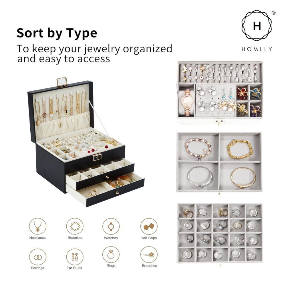 Homlly 3 Layers Jewellery Boxes for Rings, Earrings, Necklaces with Key Lock