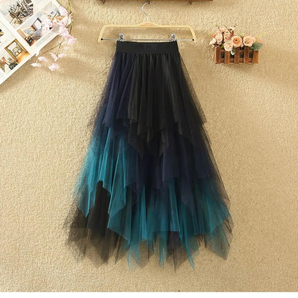 Women's Spring and Summer High Waisted Puffy Skirt Gradient Colour Irregular Mesh Short Skirt Performance Skirt