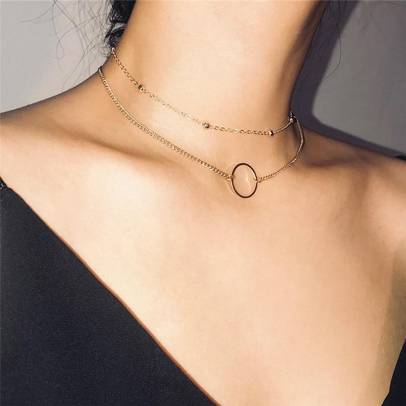 Modern Choker Necklace Women Two Layers Round Necklaces Gold Color Necklace Choker Neck Fashion Jewelry