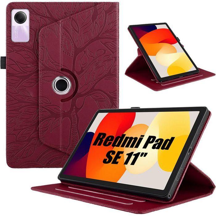 Coque pour Xiaomi Redmi Pad SE 11 Pouces, Etui Rotatif Synthécuir Rouge Motif Arbre