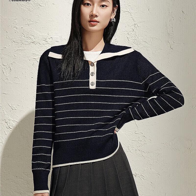 JUZI Annakou Women's Retro Striped Navy Collar Wool Knit Sweater