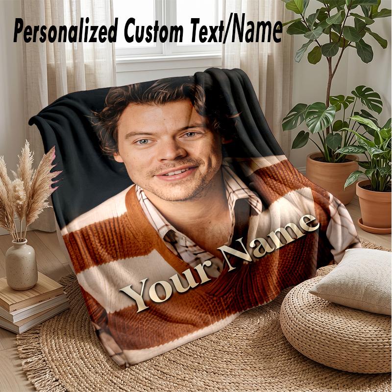 Harry Styles Custom Flannel Throw Blanket Print Your Name Text Soft Warm Blanket Holiday Present