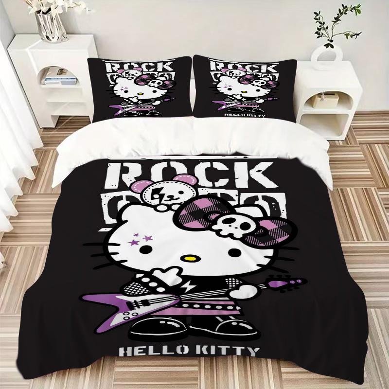 3 шт. Крутое постельное белье с рисунком Hello Kitty в стиле рок, комплект из трех предметов (1 Наволочка + 2 Наволочки, Без Наполнителей), Мягкий и удобный W021
