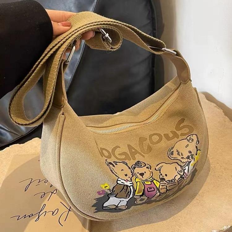Shoulder Bag for Women Cartoon Bear Pattern Saddle Bag Fashionable Girl Canvas Dumpling Bag
