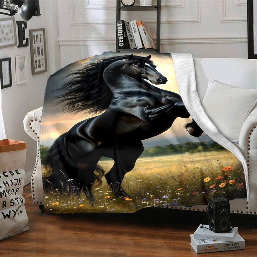 1pc Black Stallion Horse Blanket Lightweight Flannel Blanket Throw Blanket For Sofa, Bed, Travel, Camping, Livingroom, Office, Couch, Chair, And Bed y