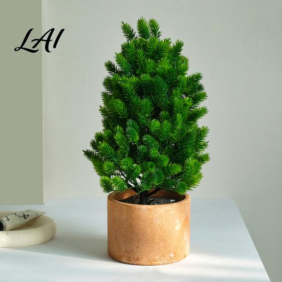 Natural Looking Pine Decoration Artificial Mini Tree Potted Plant Fake Greenery Bonsai Desktop Ornament Small Decorative Plant for Shelf Faux