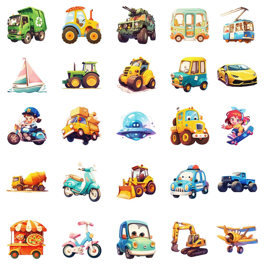 50 24-Year-Old Animated Vehicle Series Stickers Cartoon Truck Excavator Decorative Suitcase Children'S Stickers