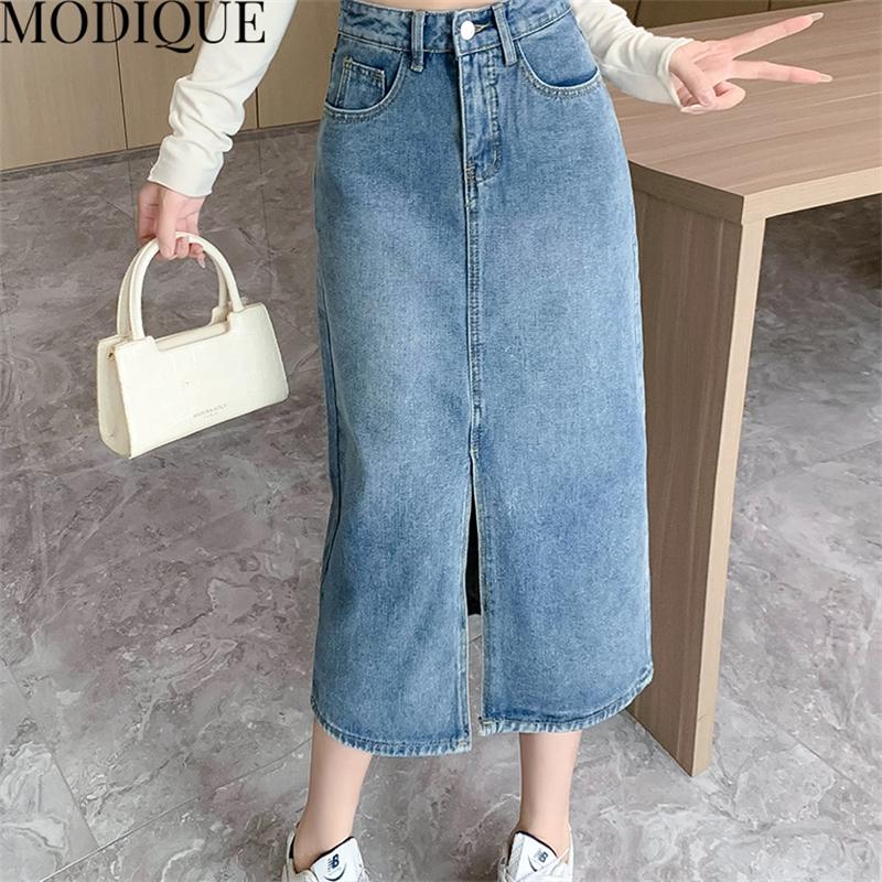 MODIQUE, осенняя новая женская повседневная винтажная джинсовая длинная юбка трапециевидной формы с высокой талией, женская свободная однотонная милая рваная синяя юбка, зимняя