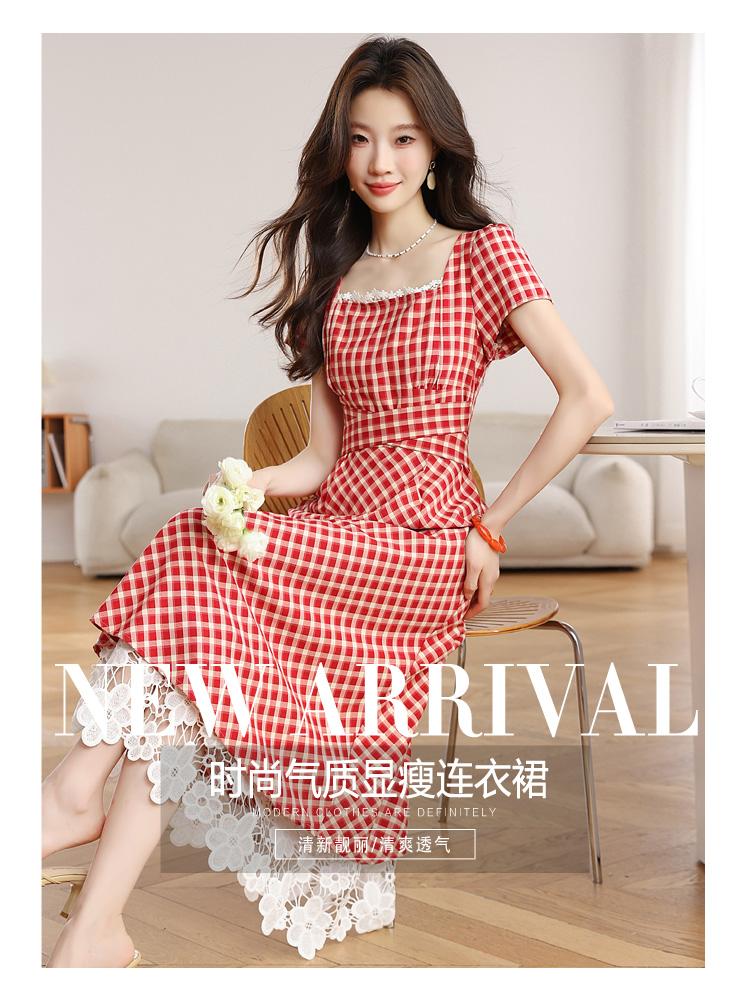 Red grid dreamy French square neck retro long dress