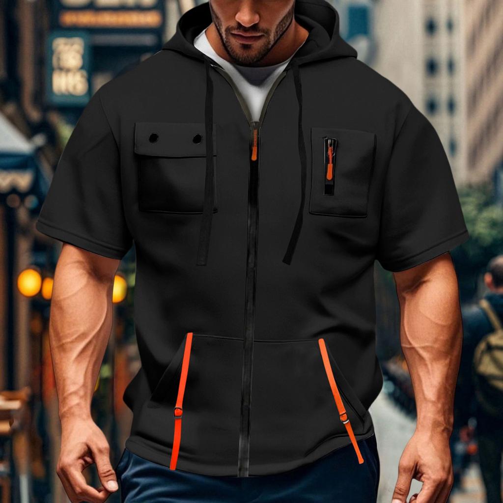 Men's Casual Short-sleeved Sweatshirt. Loose And Breathable Solid-color Sweatshirt Jacket With Multiple Pockets And A Zipper.