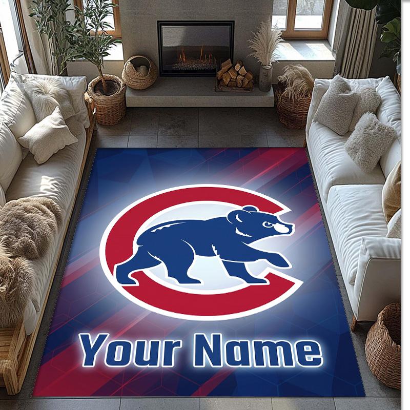 Chicago Cubs Crystal Velvet Rug, Custom Name Text Personalized Non‑Slip Floor Mat for Home Decor Gift