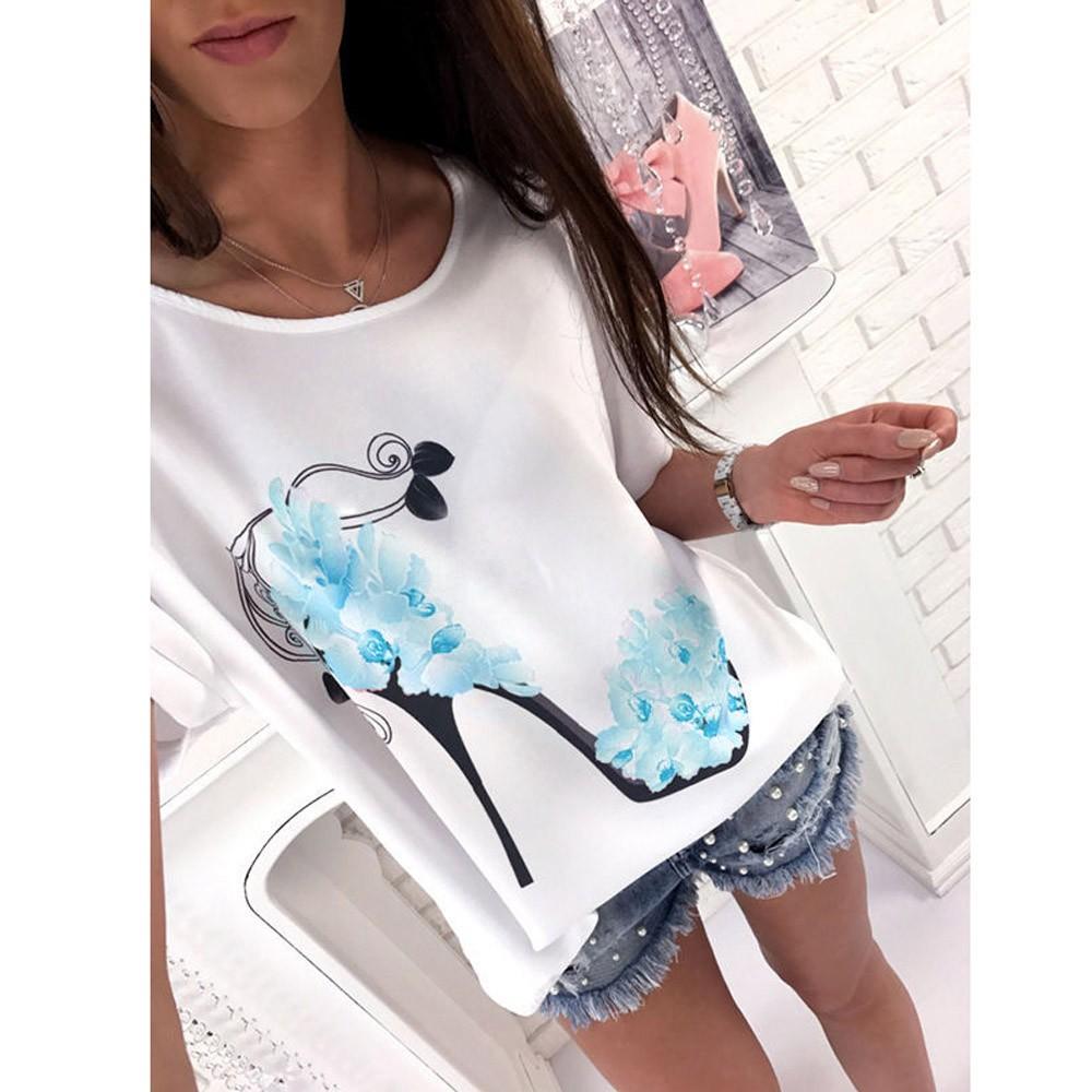 Women's Loose T-shirt Sleeves High Heels Printed T-shirt Short-sleeved Top