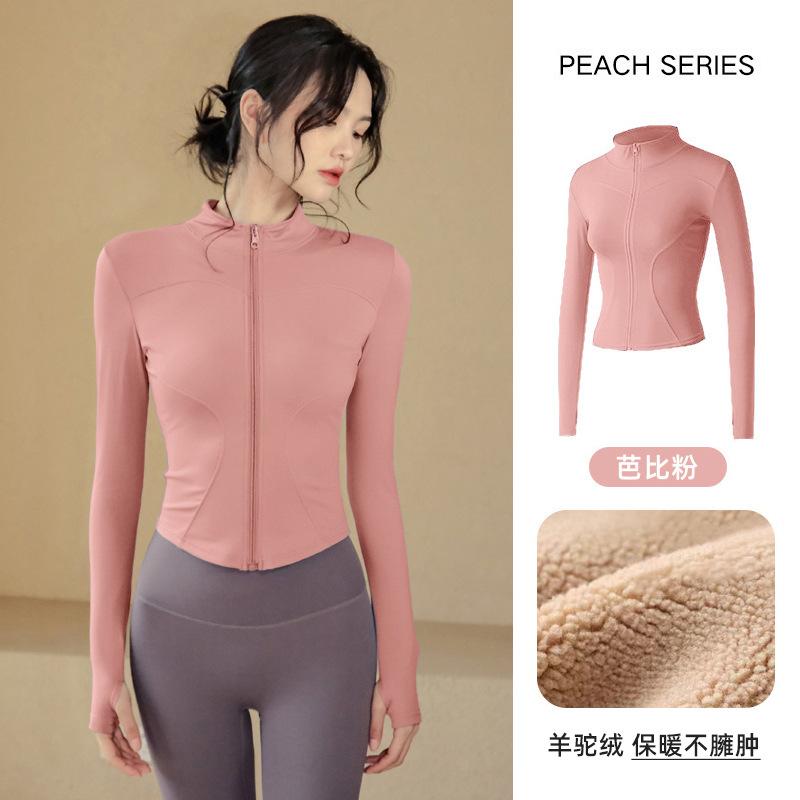 Spring warm tight stand-up neck cardigan slim yoga clothes jacket fitness clothes women's thick velvet running sports jacket