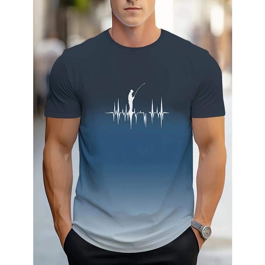 Яркий стиль| Футболка с градиентным рыболовным принтом для мужчин больших и высоких размеров - Повседневная полиэстеровая футболка с коротким рукавом, Летний принт с рыболовной экипировкой и сердцебиением, БОЛЬШОЙ РАЗМЕР