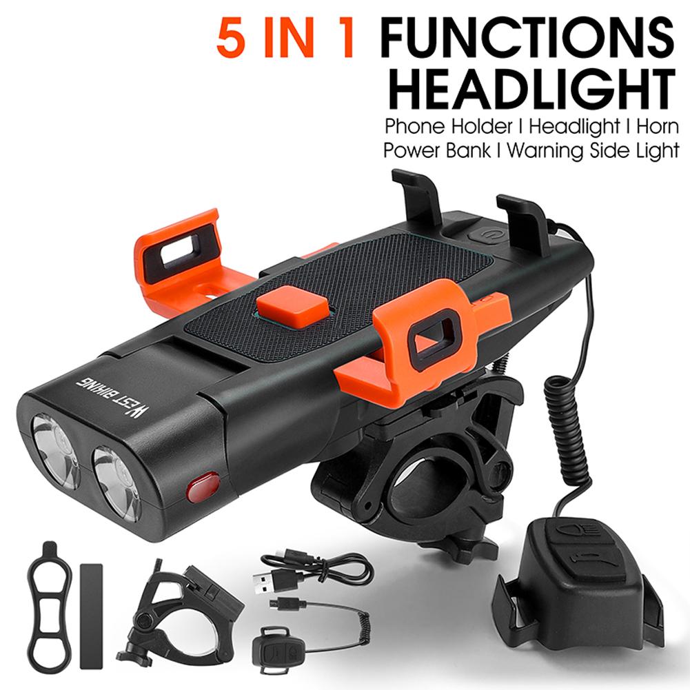 5в1 светодиодный передний кронштейн для велосипеда, лампа, звуковой сигнал, держатель для мобильного телефона, предупреждающий звонок, Powerbanks, MTB велосипед