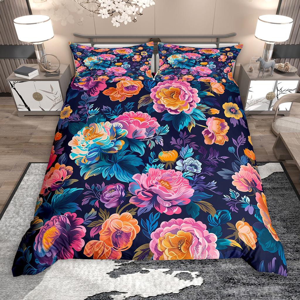 Homewish Vintage Floral Duvet Cover Set for Girls 2pcs/3pcs, Retro Tropical Flower Bedding, Oil Painting Blossoms Bed Set