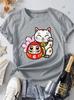Ladies Beautiful Short Sleeved New Years Happiness Lucky Cat And Damo Series Printed Round Neck Casual Top With Lucky Words