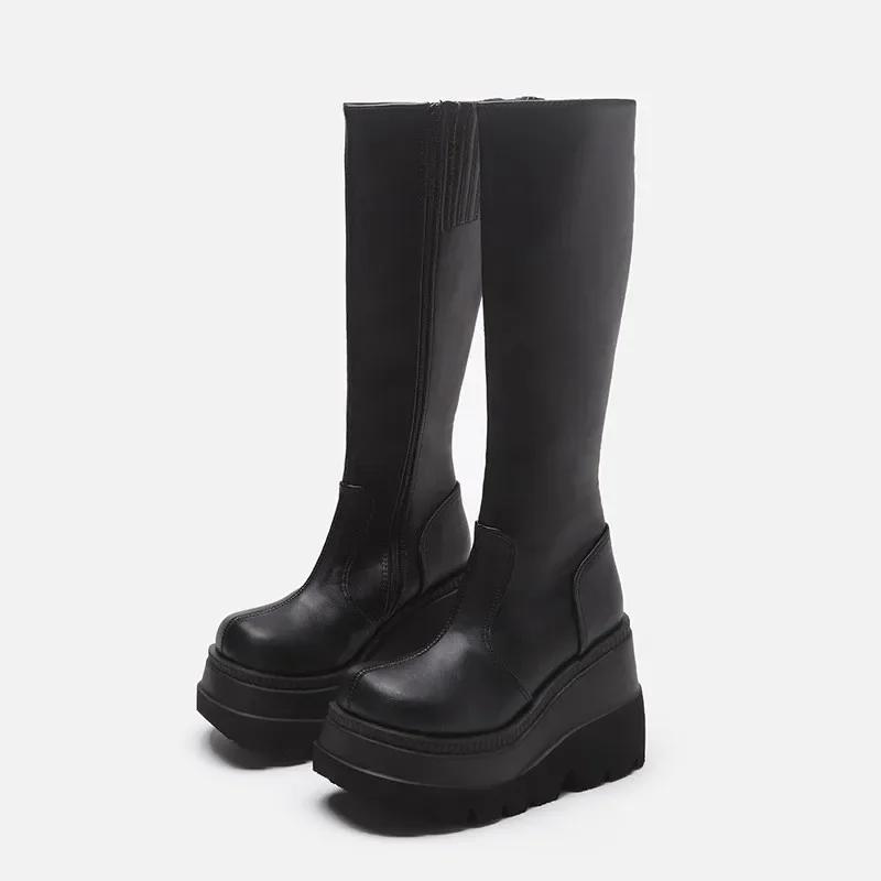 Punk Women Platform Boots Elastic Microfiber Chunky Heel Mid-calf Ladies Boots Spring Autumn Brand Black Goth Women Shoes