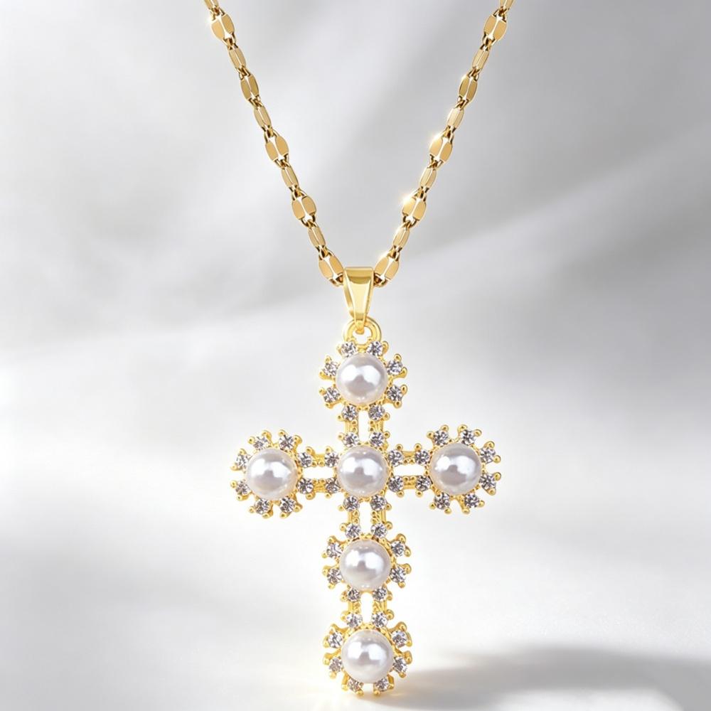 Elegant Charm Female White Zircon Stone Skeleton Cross Pearl Pendant Necklace Gold Color Wedding Jewelry For Women