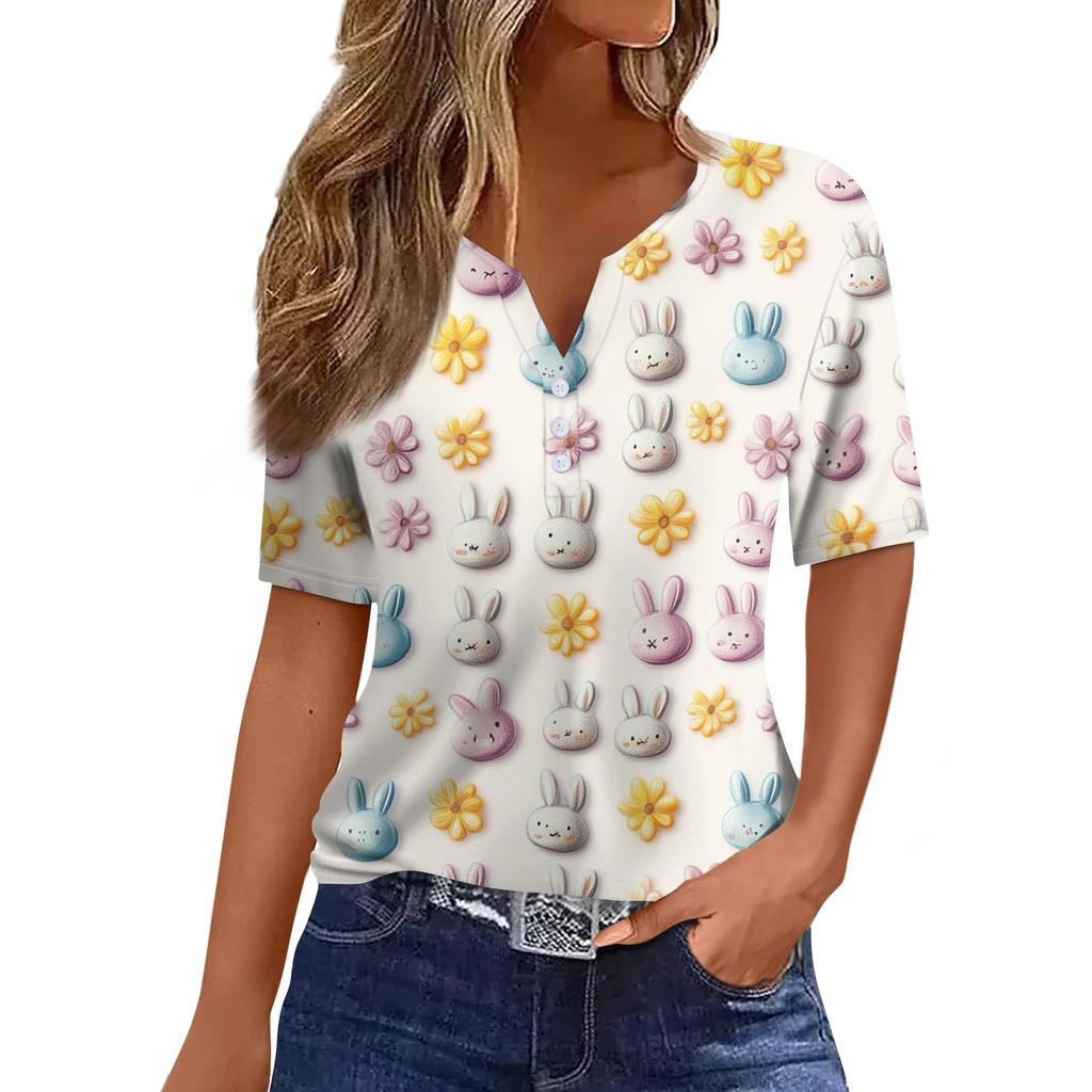 Women's T Shirt Print Button Short Sleeve Daily Weekend Fashion Basic V- Neck Regular Top