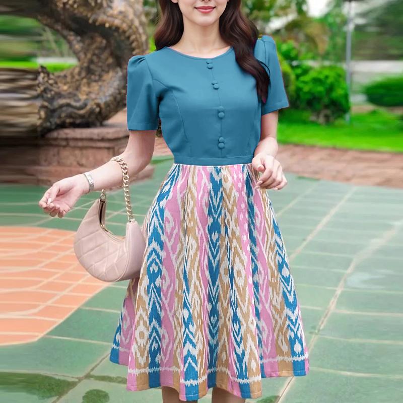 ZANZEA Women Casual Round Neck Short Sleeve Print Patchwork Dress