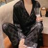 Womens Satin Pajamas Set Button Down Long Sleeve Top And Long Pants Sleepwear Set Oversized Casual Plaid 2 Piece Lounge Set