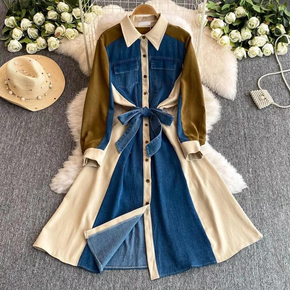 Lace Up High Waist Women 2025 Dresses Patchwork Denim Dresses Laple Long Sleeve Dress Femininos French Style Clothing