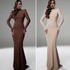 Women Evening Dress Long Sleeves Skinny Solid Color Sheath Hollow Back Floor