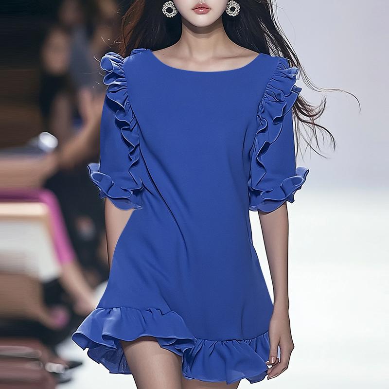 VONDA Women Summer Round Neck Ruffle Short Sleeve Dresses