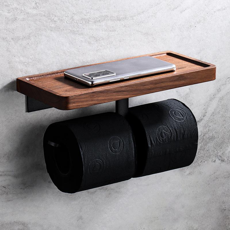 Creative Walnut Wood Toilet Paper Holder No Drill Bathroom Tissue Box with Phone Shelf