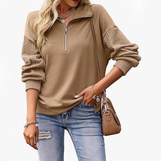 Cross-border Amazon European and American women's clothing casual shoulder sweater autumn loose long-sleeved splicing semi-zipper top spot