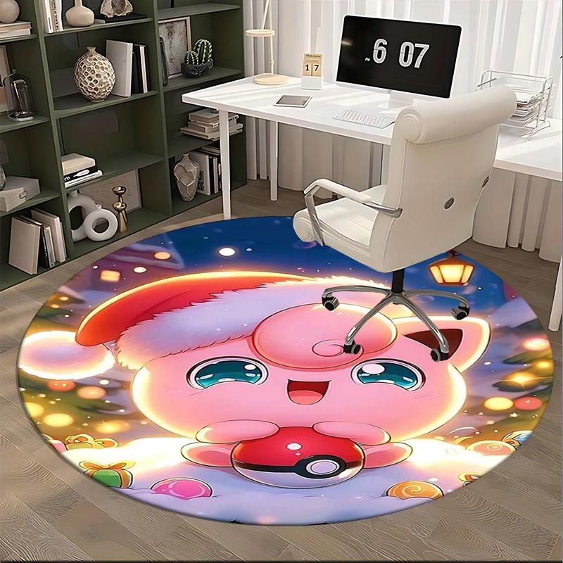 1pc Christmas Jigglypuff Pokémon Round Carpet - Anime Design, Holiday Gift, Office Chair Mat, Non-Slip Rug for Home Decor, Living Room, Bedroom, Game