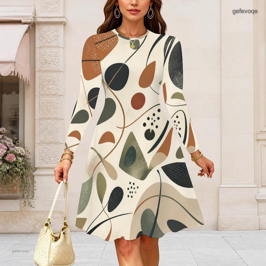 Women Plus Size Long Sleeve Round Neck Pink Purple Plaid Printed A Line Dress