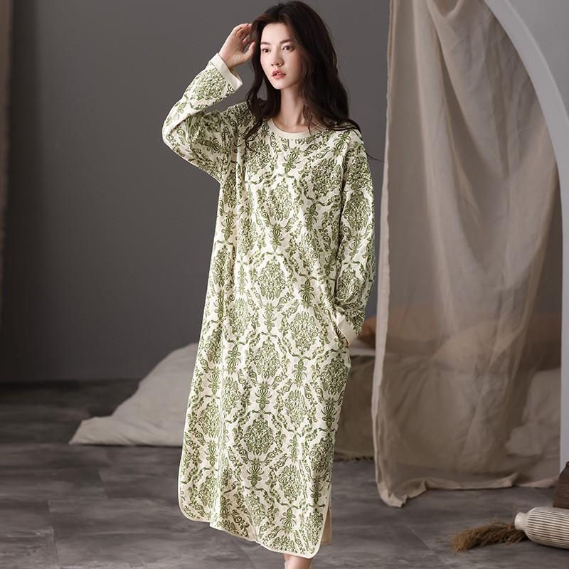 Womens Cotton Nightgown Long Sleeve Striped Sleepwear Loungewear