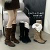 French Suede Pleated Pile Fashion Boots Women's Thick Heel Skinny Versatile Soft Leather Boots Western Boots Tall Cycling Boots