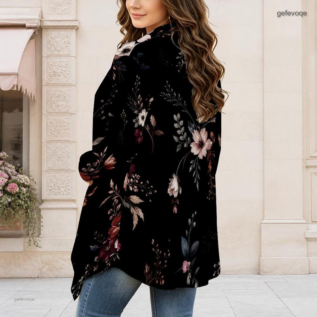 Women Plus Size Black Floral Printed Long Sleeve Open Front Cardigan Draped Collar Curved Hem