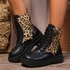 Fashion Winter Women's Boots Round Toe Mid-heeled Shoes Women's Lace-up Thick-soled Boots Outdoor Non-slip Mid-calf Leopard Print Shoes
